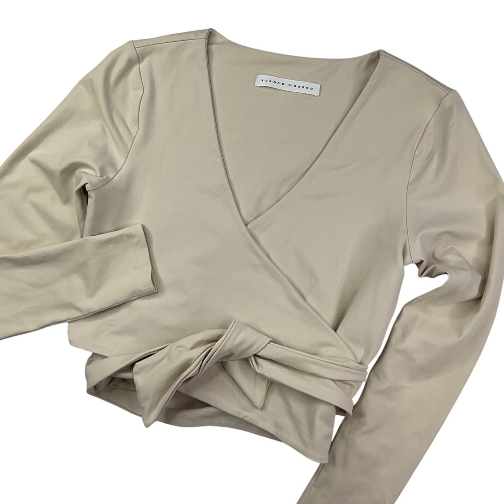 Susana Monaco Wrap Top Crop Cream Long Sleeve Women Sz S Ivory Chic Stretch